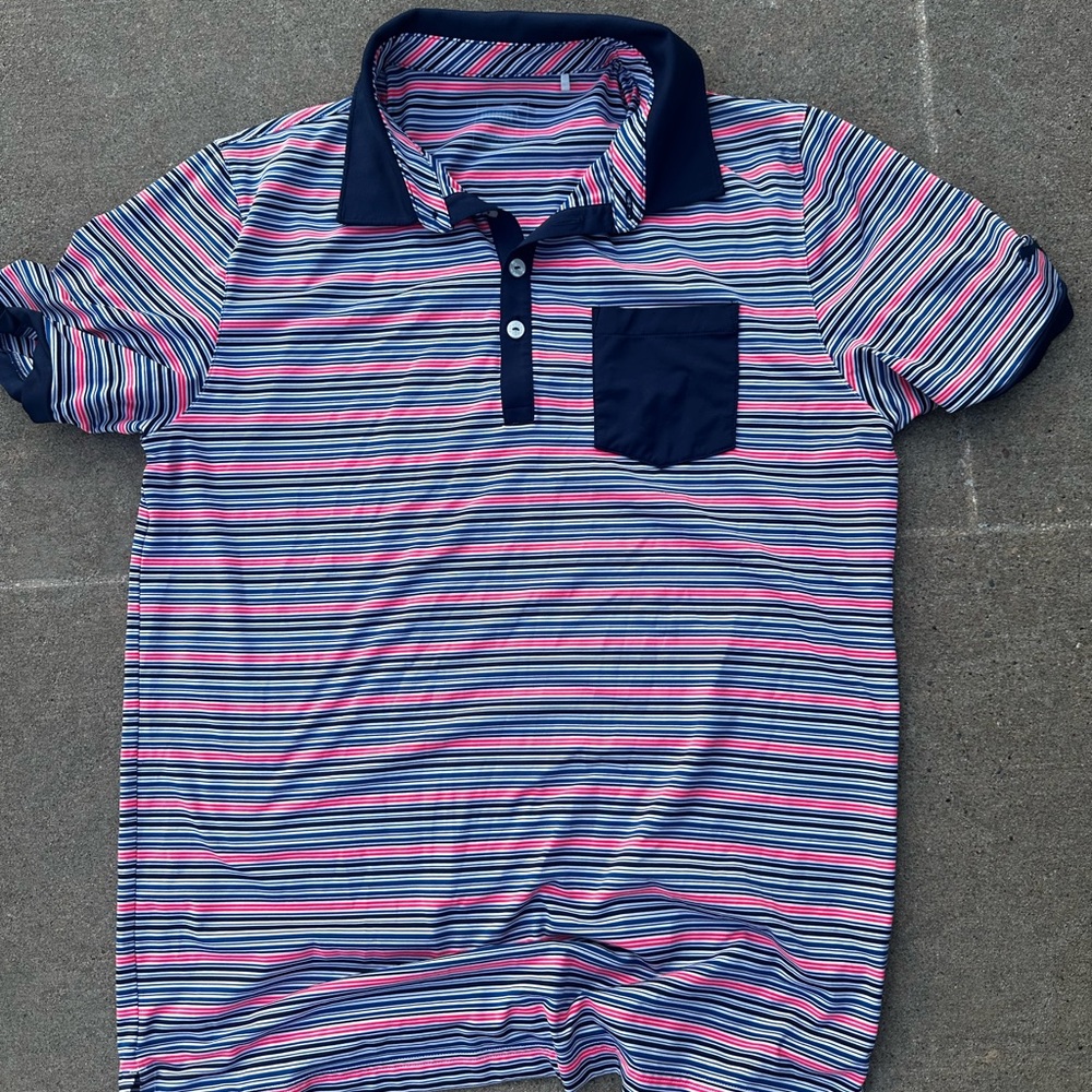 Striped Puma Polo Shirt - Navy and Pink